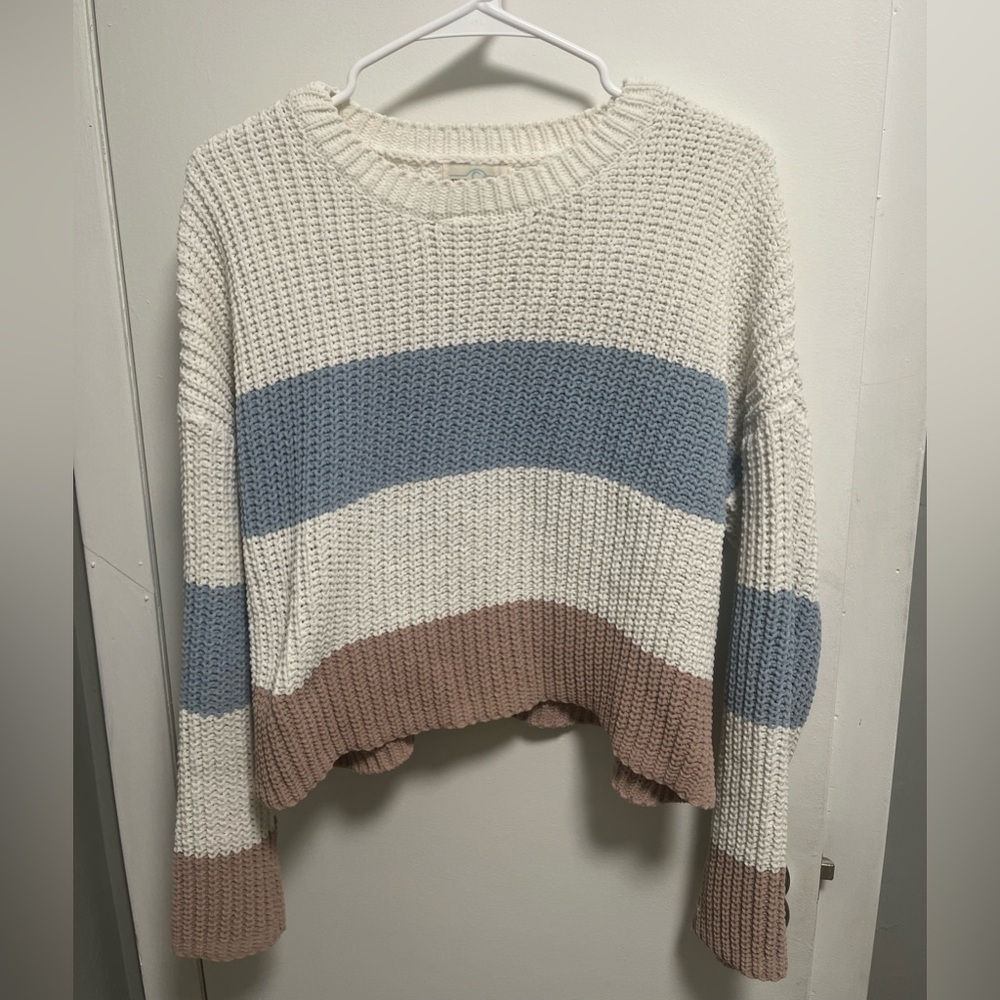 Striped Crew Neck Sweater - Cream, Blue & Brown